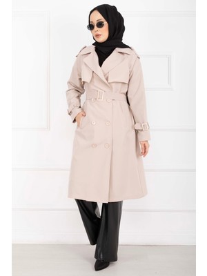 Md Allerli Seyyar Kuşaklı Premium Trençkot Taş