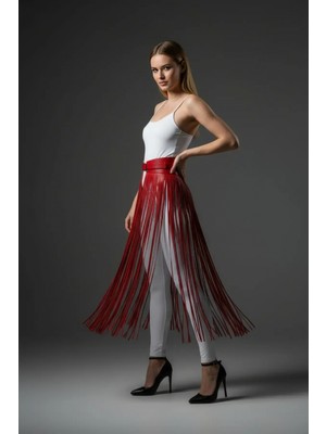 MiraLive Kırmızı Etek Uzun Püskül Detaylı Etek Suni Deri Etek - BRF1003