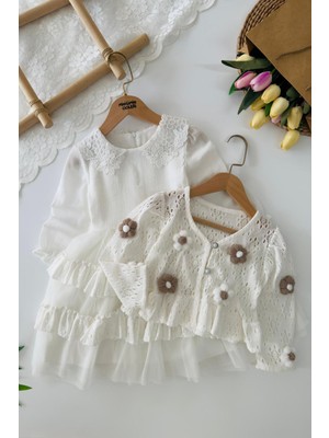 Miniğimin Cicileri Papatya Örgü Detaylı Fırfırlı Kız Çocuk 2’li Elbise Takım - Ekru