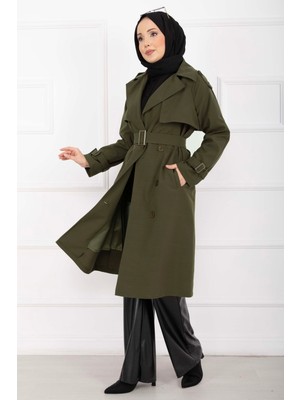 Md Allerli Seyyar Kuşaklı Premium Trençkot Haki