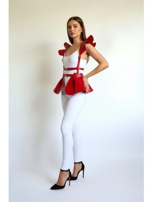 MiraLive Kırmızı Etek Deri Volanlı Omuz Peplum - BRF1001