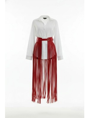 MiraLive Kırmızı Etek Deri Püsküllü Uzun Maksi Kemerli - BRF1003