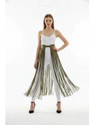 MiraLive Haki Etek Uzun Püsküllü Yüksek Bel Etek - BRF1003