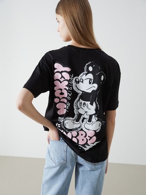 Lc Waikiki Yeni Sezon Bisiklet Yaka Mickey Mouse Baskılı Kadın Tişört