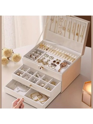 UltraMint 3 Katlı Beyaz Suni Deri Takı Organizer, Kilitli Saklama Kutusu