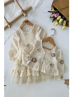 Miniğimin Cicileri Papatya Örgü Detaylı Fırfırlı Kız Çocuk 2’li Elbise Takım - Bej