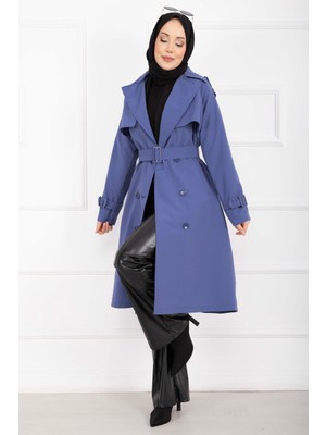 Md Allerli Seyyar Kuşaklı Premium Trençkot İndigo