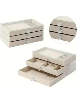 UltraMint Kadife 3 Çekmeceli Şeffaf Takı Saklama Kutusu