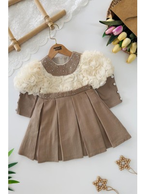 Miniğimin Cicileri Tül Gül Detaylı Taş Işlemeli Kemerli Kız Çocuk Elbise - Kahve