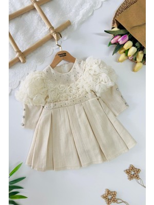Miniğimin Cicileri Tül Gül Detaylı Taş Işlemeli Kemerli Kız Çocuk Elbise - Krem