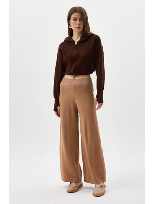 Rays Koyu Bej Geniş Paça Triko Kadın Pantolon 23274