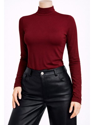 Belpa Kadın Bordo Uzun Kollu Body Tekli