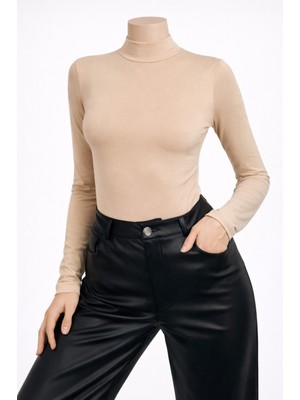 Belpa Kadın Ten Uzun Kollu Body Tekli