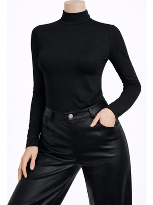 Belpa Kadın Siyah Uzun Kollu Body Tekli