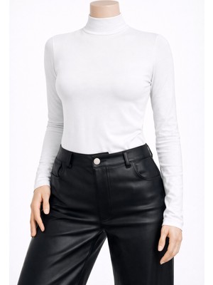 Belpa Kadın Beyaz Uzun Kollu Body Tekli