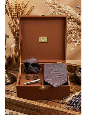 Kravatkolik Taba Erkek Hediye Kutusu - Mendilli Kravat Kol Düğmesi Kravat Iğnesi KMK94