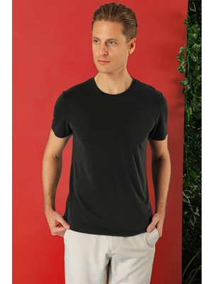 Efor Slim Fit Bisiklet Yaka %100 Pamuk Siyah Tişört Ts 878
