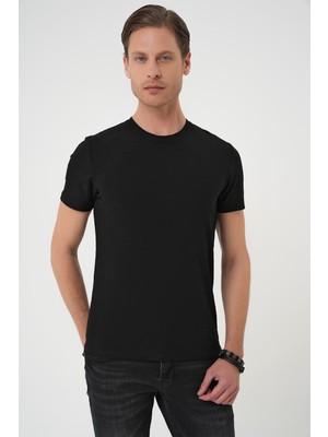 Efor Comfort Fit Bisiklet Yaka Kabartma Desenli Casual Siyah Tişört Ts 899