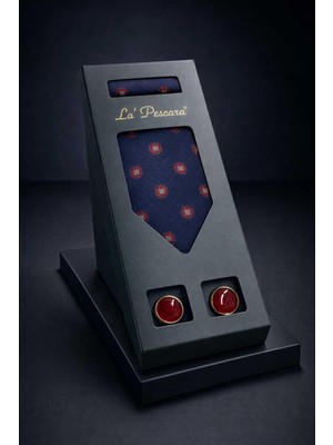 Kravatkolik Lacivert Mendilli Klasik Kravat Kol Düğmesi Erkek Hediye Seti OS596