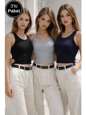 Rich Kadın Siyah Gri Lacivert 3'lü Paket Basic Günlük Şık Crop Atlet