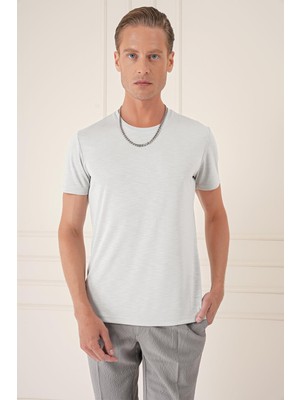 Efor Erkek Slim Fit Bisiklet Yaka Doku Desenli Pamuklu Açık Gri Tişört Ts 881