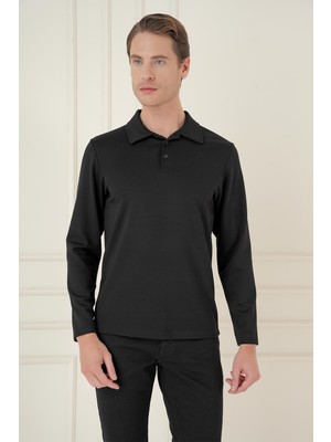 Efor Erkek Slim Fit Pamuklu Uzun Kollu Düğmeli Siyah Polo Yaka Tişört TS 893