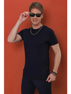 Efor Erkek Slim Fit Bisiklet Yaka Pamuklu Lacivert T-Shirt TS 847