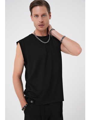 Efor Comfort Fit Bisiklet Yaka Esnek Pamuk Kolsuz Spor Siyah Tişört Ts 898