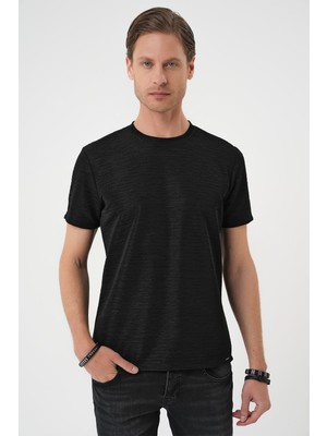 Efor Comfort Fit Bisiklet Yaka Viskon Karışımlı Dokulu Casual Siyah Tişört Ts 896