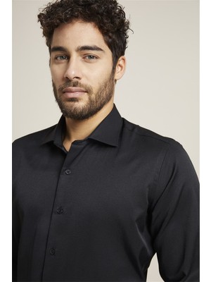Efor Slim Fit Pamuk Saten Klasik Siyah Gömlek  Gk 604