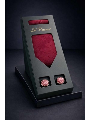 Kravatkolik Bordo Mendilli Klasik Kravat Kol Düğmesi Erkek Hediye Seti OS613