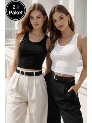 Rich Kadın Siyah Beyaz 2'li Paket Basic Günlük Şık Crop Atlet
