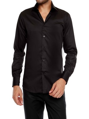 Efor Slim Fit Klasik Yaka Pamuk Saten Uzun Kol Siyah Gömlek  Gk 214