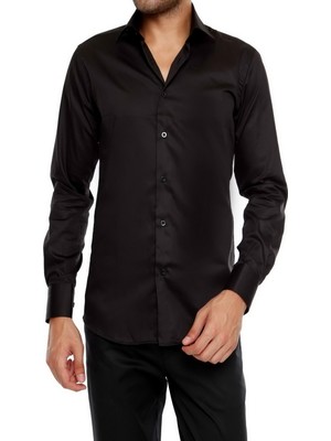 Efor Slim Fit Klasik Yaka Pamuk Saten Uzun Kol Siyah Gömlek  Gk 214