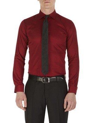 Efor Slim Fit Klasik Yaka Pamuk Saten Uzun Kol Bordo Gömlek  Gk 214
