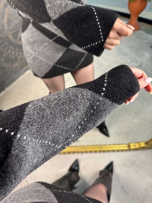 Vial Baklava Desenli Mini Triko Elbise  Gri