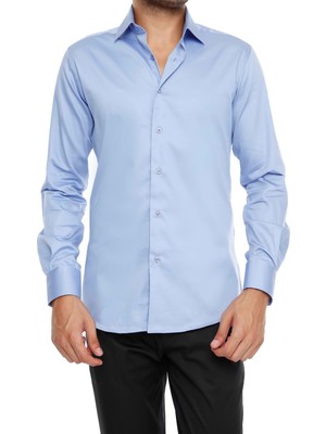Efor Slim Fit Klasik Yaka Pamuk Saten Uzun Kol Mavi Gömlek  Gk 214