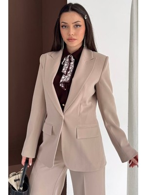 Vuntal Butik Kadın Blazer Takım Elbise Vizon Renkli Tek Düğme Ceket ve Kemerli Pantalon 9478-24