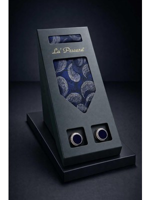 Kravatkolik Lacivert Mendilli Klasik Kravat Kol Düğmesi Erkek Hediye Seti OS593