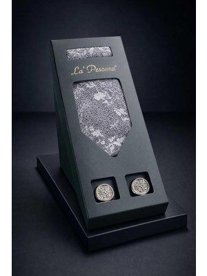 Kravatkolik Gri - Lila Mendilli Klasik Kravat Kol Düğmesi Erkek Hediye Seti OS605