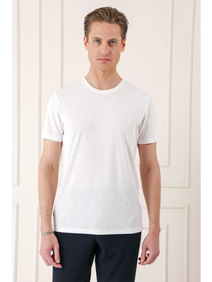 Efor Erkek Slim Fit Bisiklet Yaka Doku Desenli Pamuklu Ekru Kırık Beyaz Tişört Ts 881