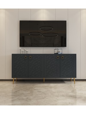 Morepp Rami Lazer Detaylı, 4 Kapaklı 160 cm Konsol Antrasit-Antrasit