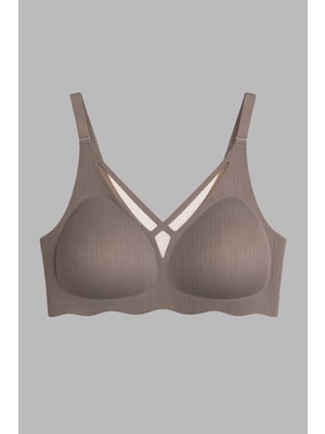 Cottonhill Seamless Bra - Liny | Kahverengi Lazer Kesim Dikişsiz Çizgi Desenli Dekolteli Kadın Sütyen