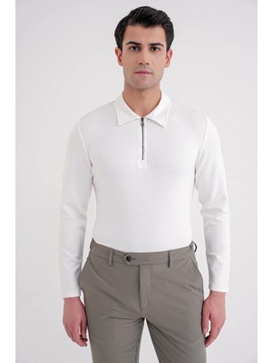 Efor Erkek Comfort Fit Pamuklu Fermuarlı Polo Yaka Uzun Kollu Ekru Tişört TS 919
