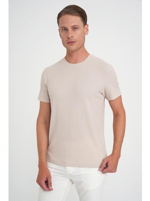 Efor Comfort Fit Bisiklet Yaka Fitilli Kısa Kol Bej Tişört Ts 912