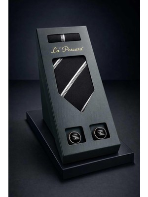 Kravatkolik Siyah Mendilli Klasik Kravat Kol Düğmesi Erkek Hediye Seti OS602