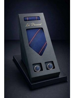 Kravatkolik Lacivert Mendilli Klasik Kravat Kol Düğmesi Erkek Hediye Seti OS603