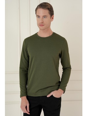 Efor Erkek Slim Fit Pamuklu Uzun Kollu Haki T-Shirt TS 889