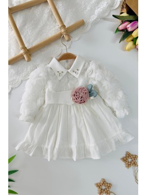 Miniğimin Cicileri Çiçek Aplikeli Taş Işleme Yakalı Kız Çocuk Elbise - Beyaz