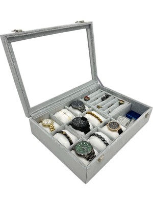 UltraMint Gri Süet Kumaş Kaplı Saat ve Takı Kutusu, Şeffaf Camlı, Şık ve Kullanışlı